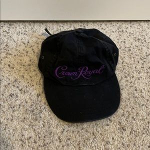 Crown Royal hat. Black with purple writing. Worn.